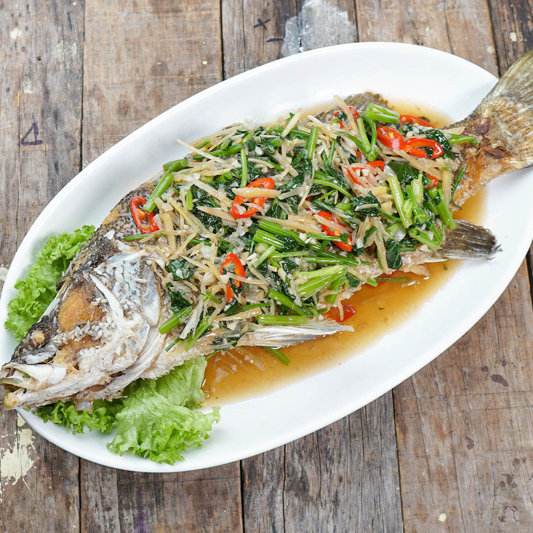 Deep Fried Seabass with Celery Leaves and Ginger image
