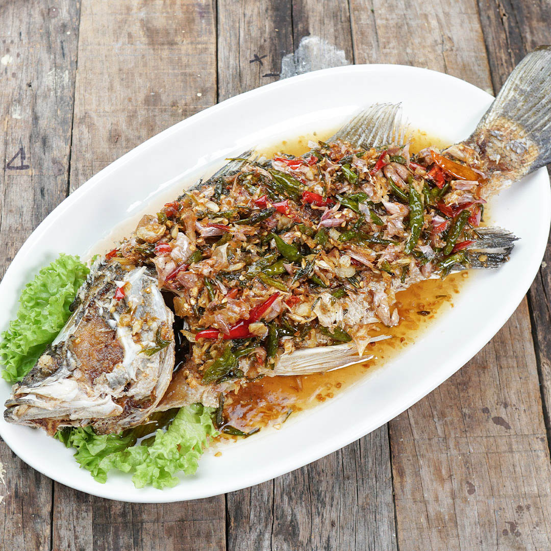 Deep Fried Seabass with Fresh Birds Eye Chili with Thai Garlic and Fish Sauce image